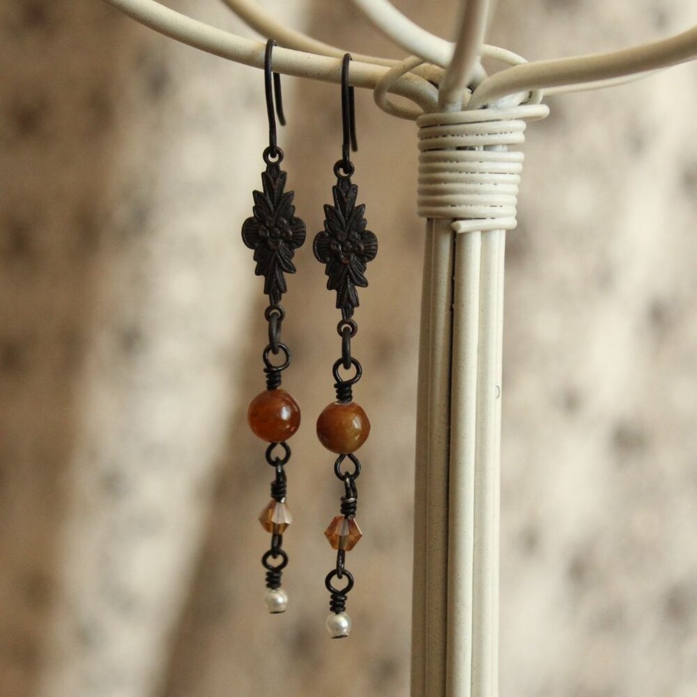 Handmade Women's Earrings, Black Metal with Brown Beads and a Faux Pearl Dangles